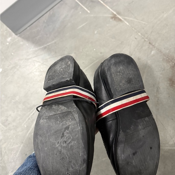 Thom Browne Black Leather Wingtip Monk-Strap Oxfords with Red-White-Navy Strap - Picture 2 of 2